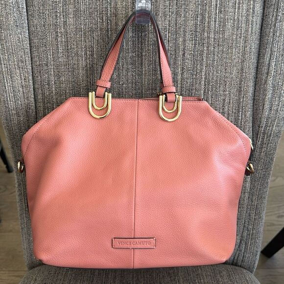 Vince Camuto Plum Soft Pebbled Leather Satchel Handbag Color Sushi/Coral Top Zip - Picture 4 of 16